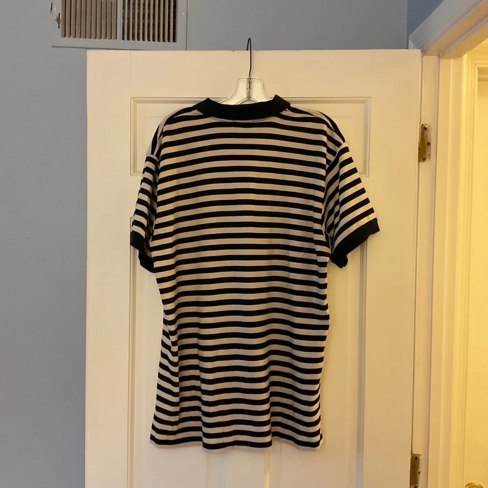 J.Crew Men’s Polo Shirt Navy Blue Cream Stripe Short Sleeve Size L Nautical Prep